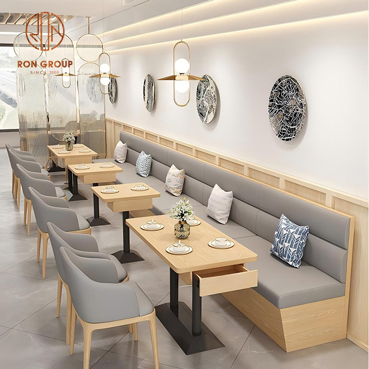 Modern Restaurant Booth Seating Set with Gray Leather Sofa and Wood Tables for Cafe Spaces