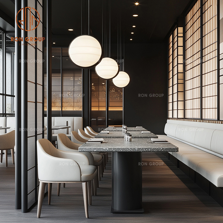 Gray Marble Rectangular Table with Beige Chairs and Leather Booth Seating for Restaurant