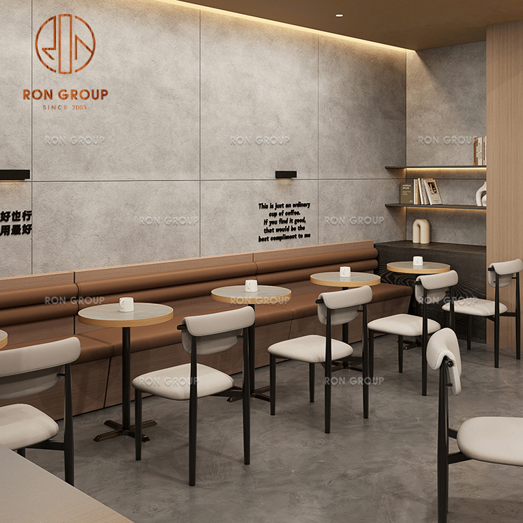 Commercial Cafe Booth Seating Set with Brown Leather Sofa and Round Marble Tables