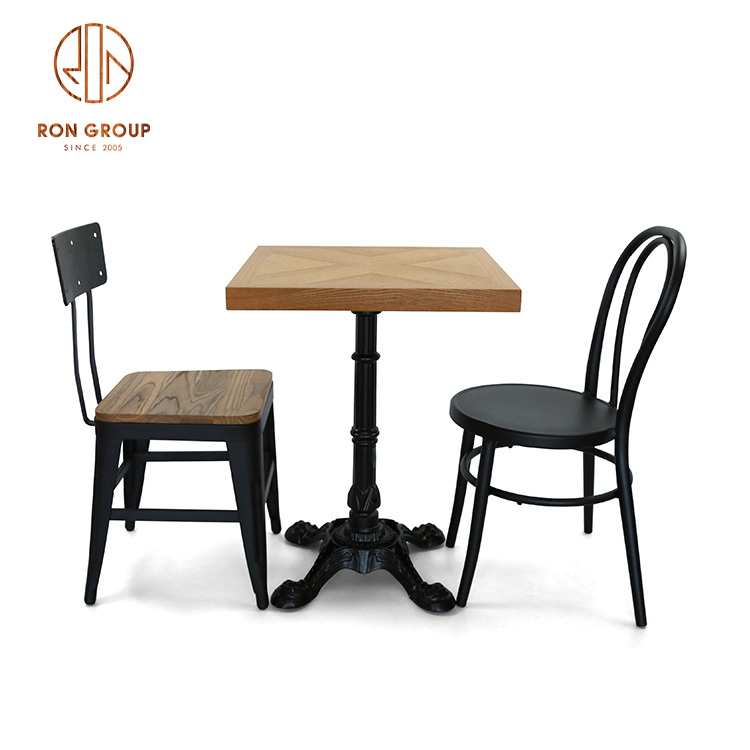Commercial Plywood Veneer Dining Table with Cast Iron Base for Restaurants and Cafés