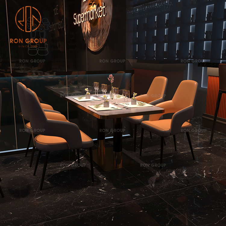 Commercial Dining Marble Restaurant Table & Chairs Set Tempered  Marble Stainless Steel Legs Orange-Grey Seats