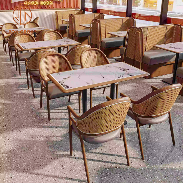 Marble Table Coffee Shop Booth Seating with Cane Back Chairs for Commercial Cafes