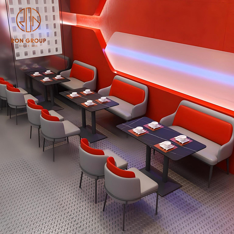 Modern Cafe Booth Seating Set with Red Sofa, Dark Rectangular Tables and Leather Chairs