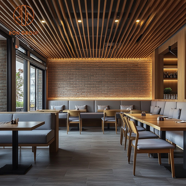 Modern Restaurant Booth Seating with Wood Dining Table & Upholstered Chairs for Cafes and Hotels