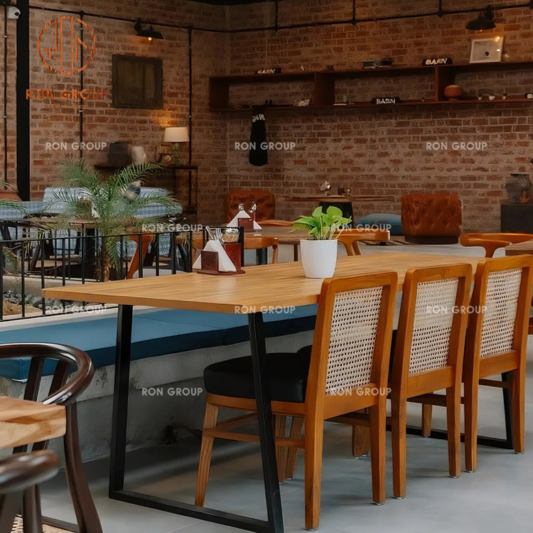 Restaurant Table and Chairs Furniture Bundle Black Leg Solid Wood Rectangular Table with Textured Woven Design Chairs Commercial