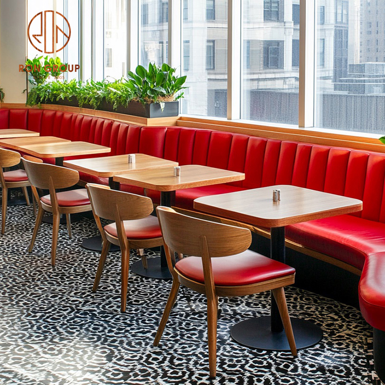 Curved Red Booth Seating with Wooden Dining Tables and Café Chairs for Restaurants and Coffee Shops