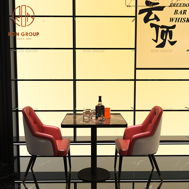 Modern Black Marble Table with Leather Chair Set Red Banquette Sofa Bar Height Stools in Red & White for Dining for Restaurants