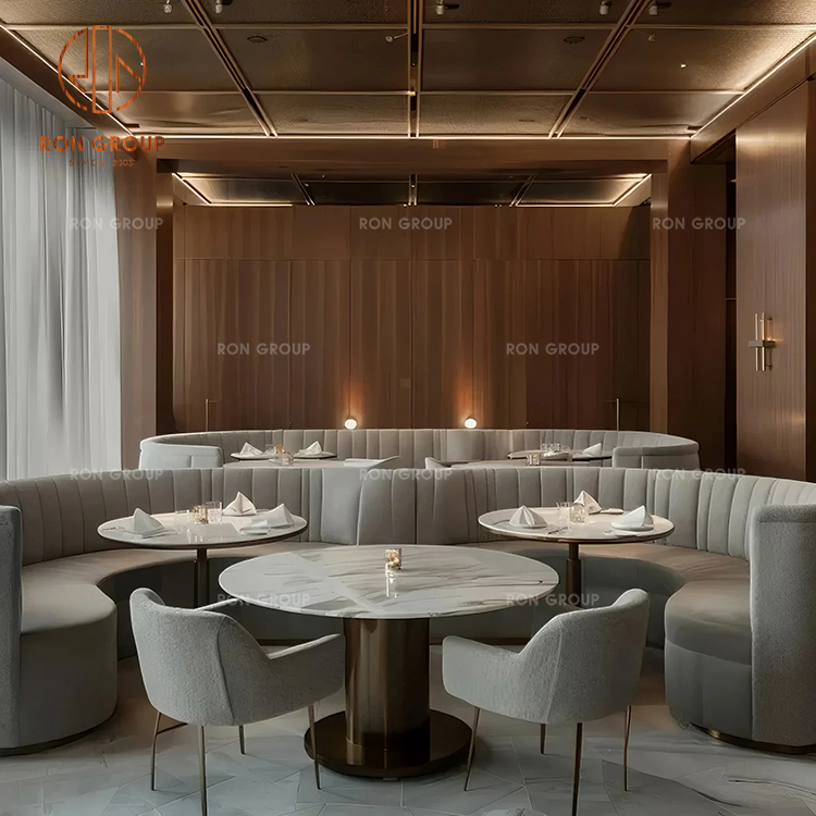 Curved Velvet Restaurant Sofa Booth Seating with Round Marble Tables and Fabric Dining Chairs
