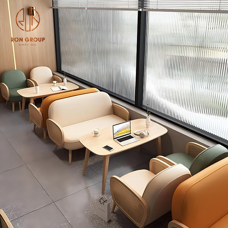 Modern Cafe Booth Seating Set with Beige Rattan Sofa and Wood Tables for Dining Spaces