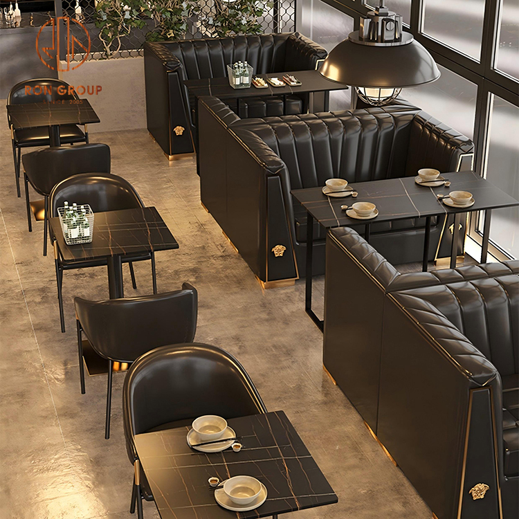 Vintage Style Leather Booth Seating with Marble Square Tables for Cafe & Restaurant
