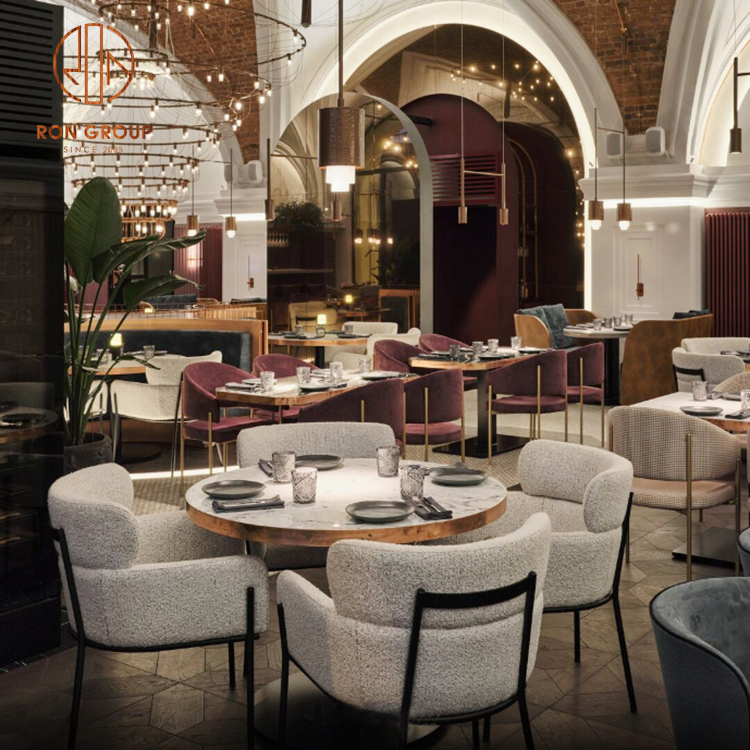 Modern Round Marble Dining Tables & Light Gray-Beige Fabric Chairs Restaurant Furniture