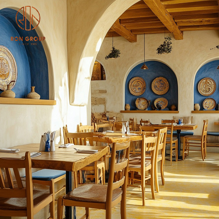 Commercial  Rectangular Birch Table & Blue Padded Chairs Scandinavian Wooden Restaurant Furniture Set  with Ocean Blue Seats