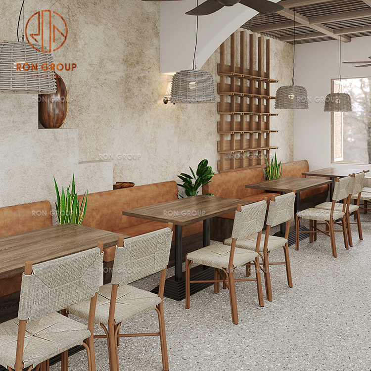 Rustic Modern Cafe Furniture Set: Woven Rattan Back Dining Chairs, Wood Tables & Vintage Leather Wall Bench