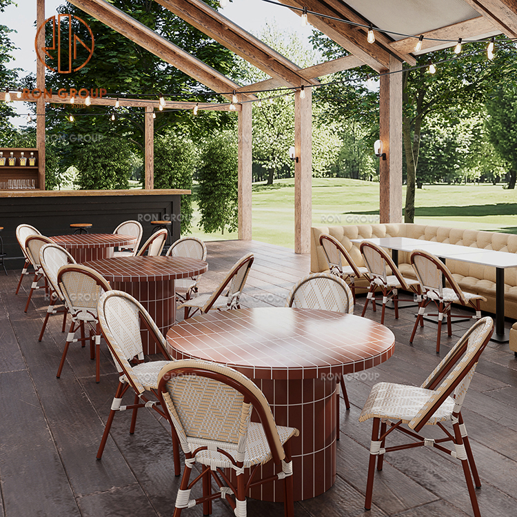 Modern French Bistro Furniture Set: Cream Tufted L-Shaped Booths, Marble Dining Tables & Rattan Weave Chairs