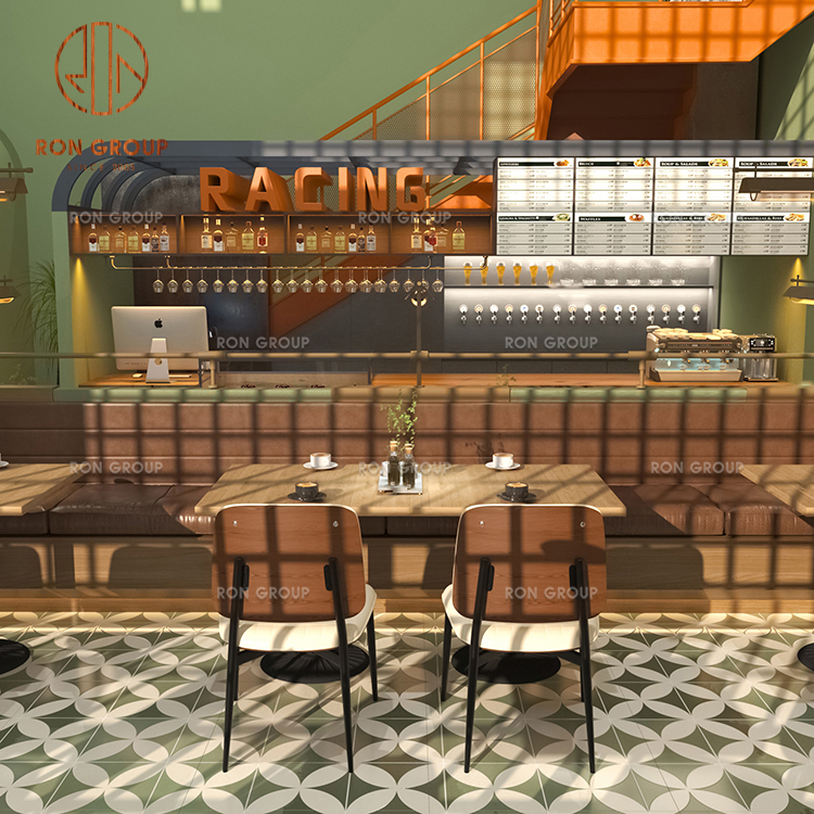 Cafe Booth Seating Set with Brown Leather Banquette, Wooden Dining Tables and Upholstered Chairs