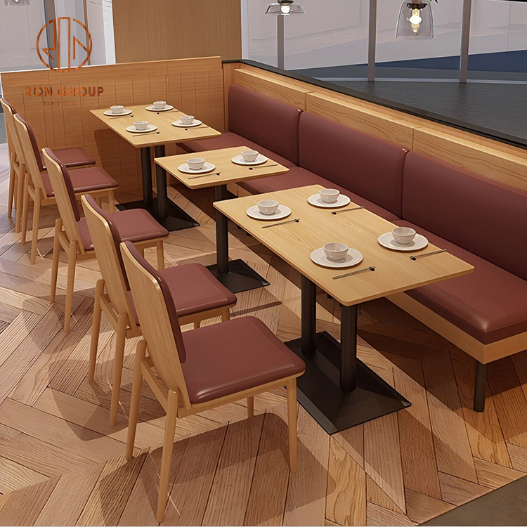 Wine Red Leatherette Banquette Booth with Solid Wood Base, Rectangular Wood Tables & Matching Café Chairs