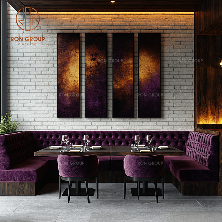 Luxury Curved Velvet Booth Seating with Wooden Dining Tables and Upholstered Chairs for Restaurants and Cafés