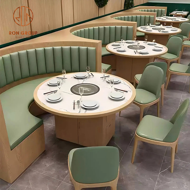 Curved Green Leather Booth Seating with Wooden Dining Tables for Restaurants