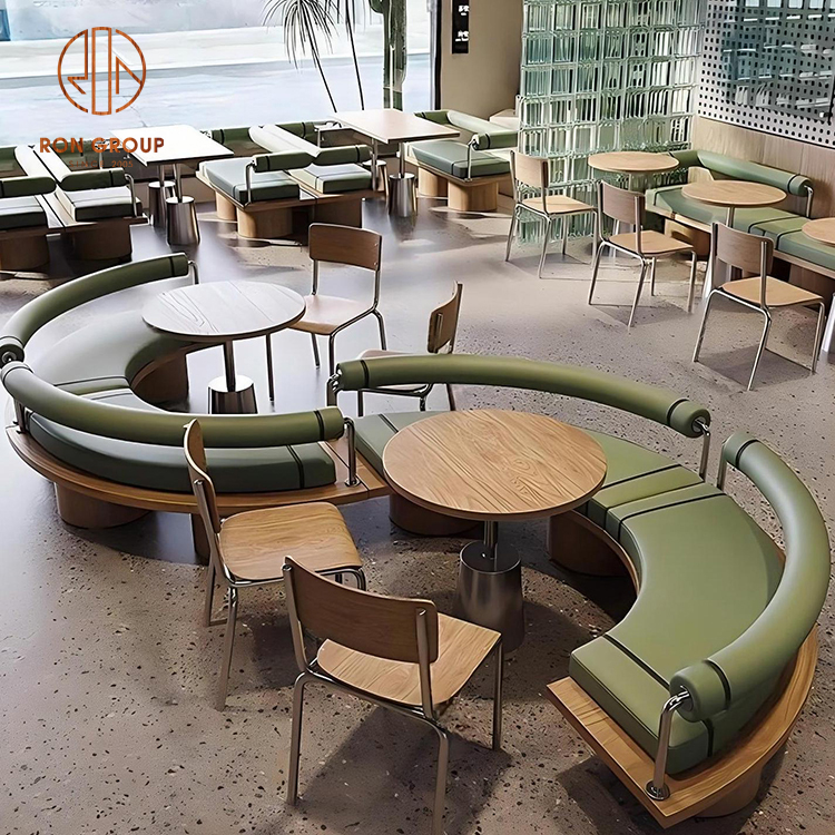 Modular Curved Green Leather Booth Seating with Round Wooden Tables for Coffee Shops