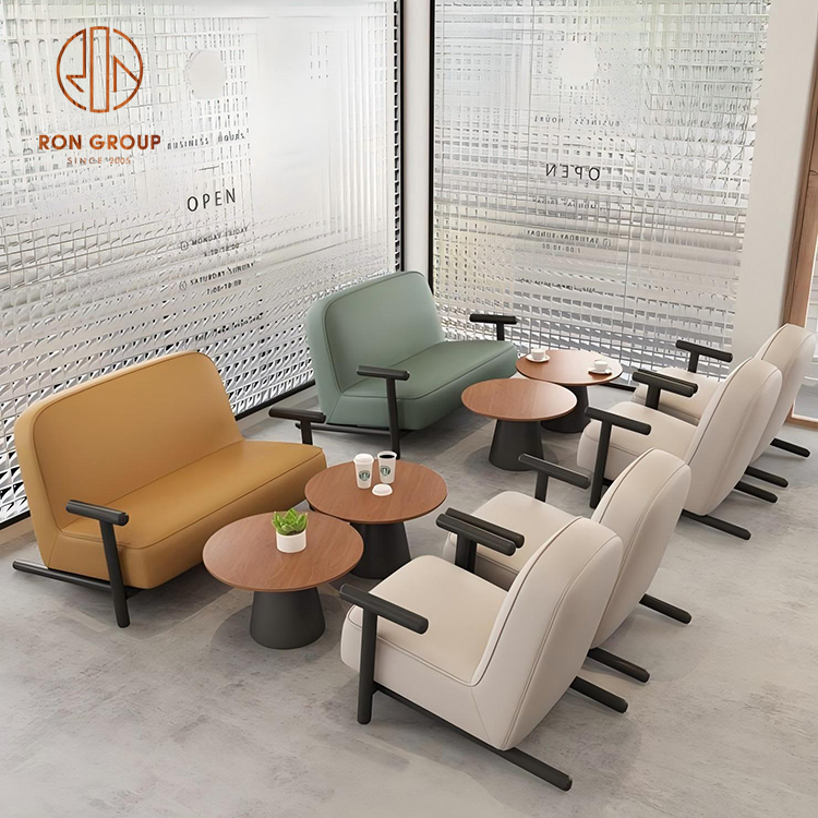 Modern Cafe Lounge Seating Sofas with Armrests and Round Wood Tables