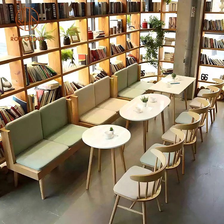 Eco-Friendly Nordic Cafe Furniture Set: Sage Green Wooden Sofa Booths & Natural Oak Round Tables