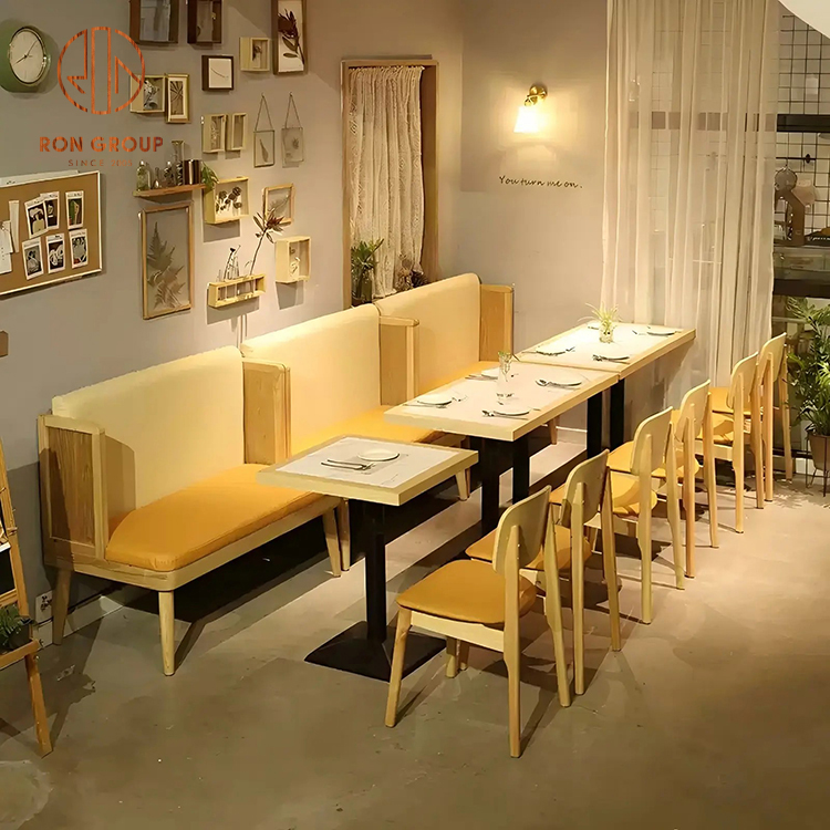 Modern Japanese-Style Cafe Furniture Set: Light Wood Sectional Wall Bench with Square Dining Tables & Slat-Back Chairs