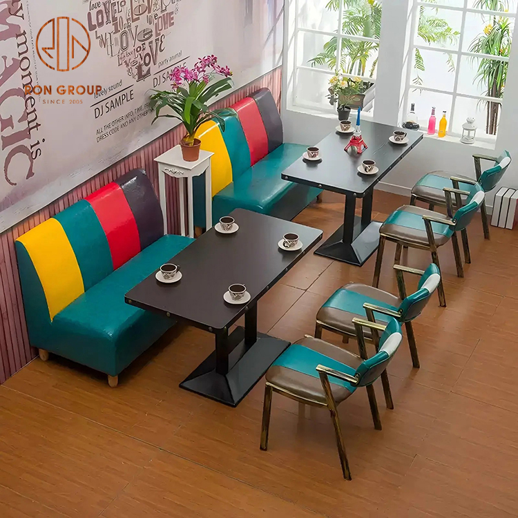 Retro Vibrant Cafe Furniture Set: Multicolor Striped Leather Booths, Black Square Tables & Mixed-Color Armchairs