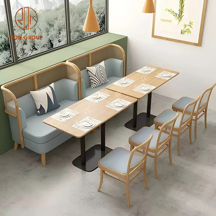 Wood Cafe Booth Seating with Square Dining Tables and Rattan Chairs