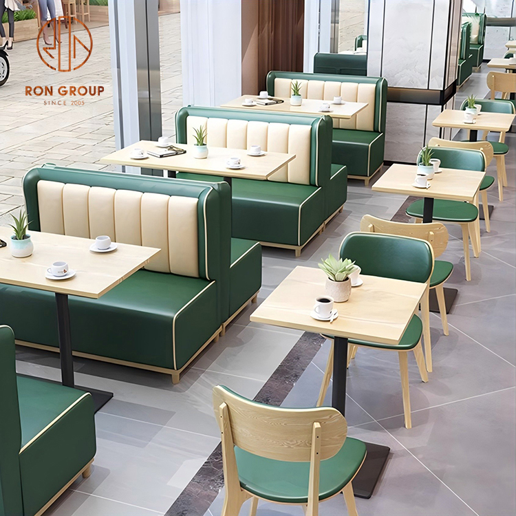 Commercial Restaurant Booth Seating with Green Leather Chairs & Wood Tables