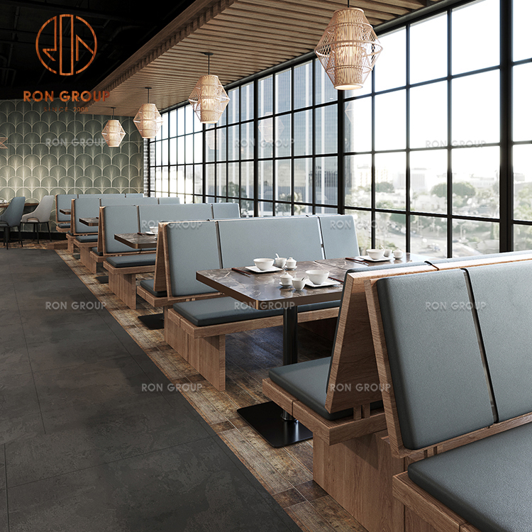Light Grey Upholstered Booth Bench Set with Solid Wood Bases & Square Bistro Tables for Restaurant Seating