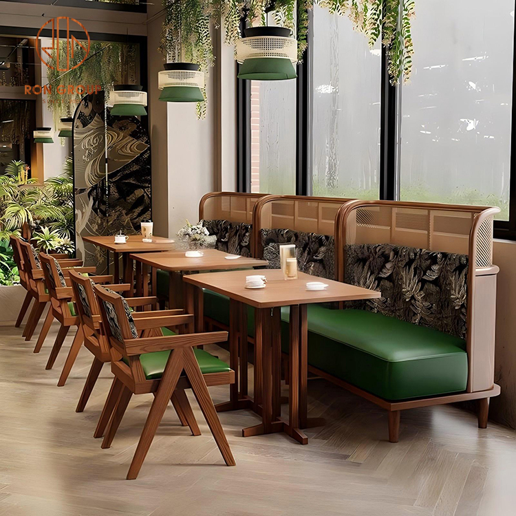 Rattan Back Booth Seating with Wooden Tables for Commercial Coffee Shops