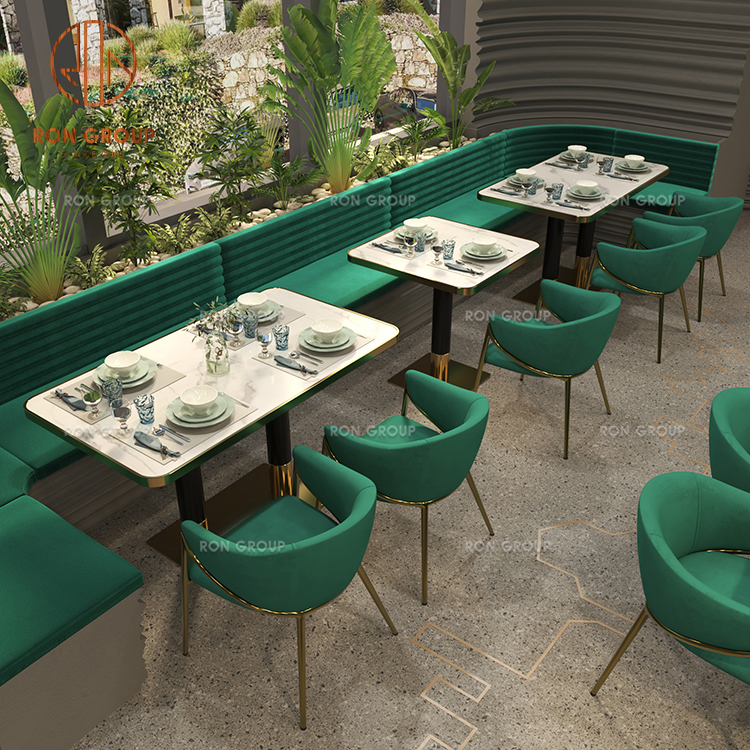 Luxury Green Velvet Restaurant Booth Seating with Marble Top Tables for Cafe & Dining Spaces