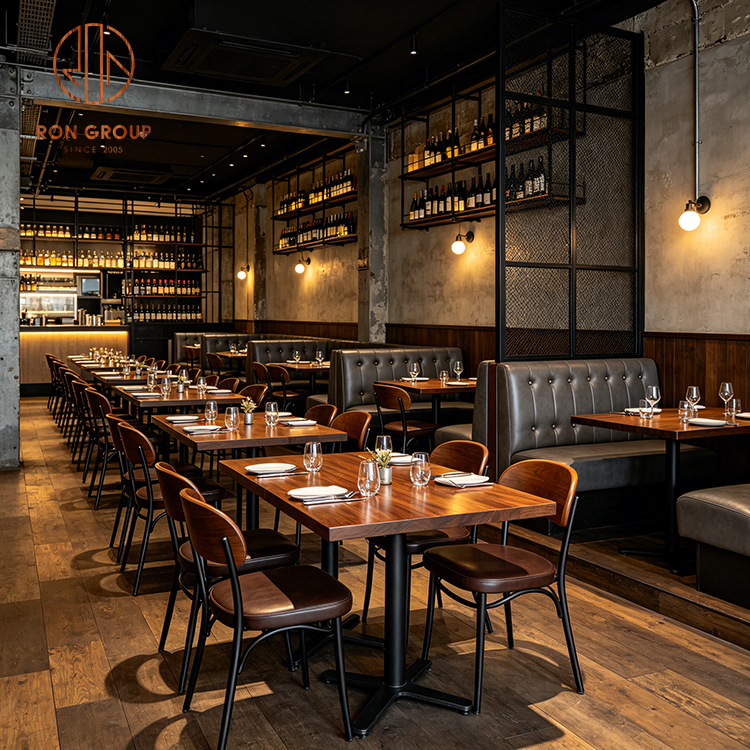 Ron Group Industrial Custom Furniture Double Side Tufted Booth Seating Leather Upholstered Chair Solid Wood Rectangular Table