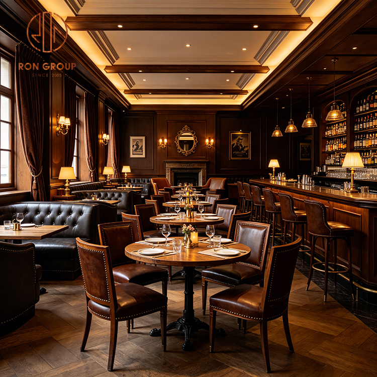 Ron Group Restaurant Furniture Set Solid Wood Square Table Customized Chair Tufted Black Leather Booth Seating