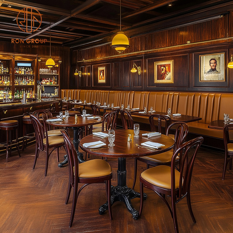 Ron Group Vintage Commercial Furniture Set Wood Round Table Solid Timber Chair Leather High Back Booth for Restaurant