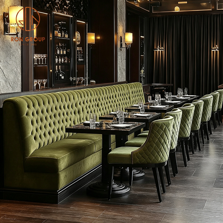 Ron Group Tufted Upholstered High Back Booth Seating Marble Square Table Velvet Customized Chair Commercial Furniture