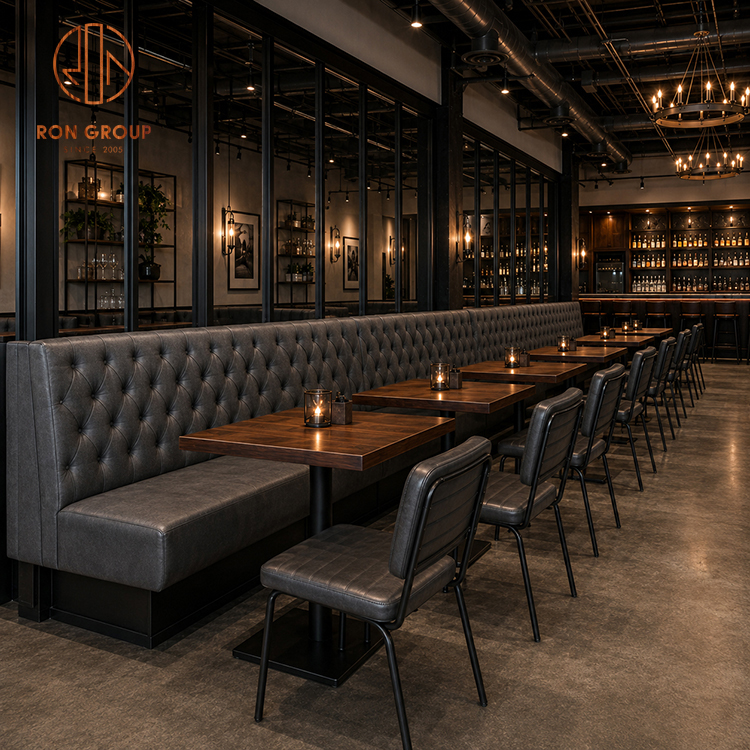 Ron Group Custom Furniture U Shape High Back Tufted Booth Seating Leather Upholstered Chair Wooden Square Table