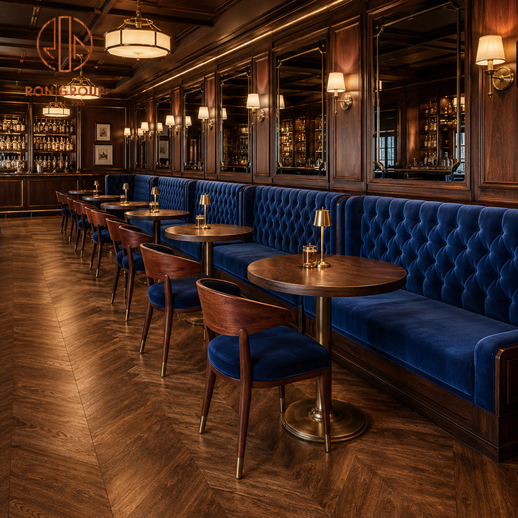 Ron Group Commercial Restaurant Furniture Velvet Tufted Booth Seating Upholstered Chair with Wood Frame Round Wood Table