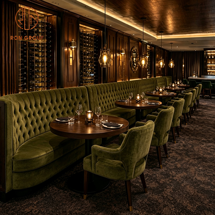Ron Group Vintage Hotel Furniture Round Wood Table High Back Tufted Booth Seating Ergonomic Velvet Chair for Restaurant