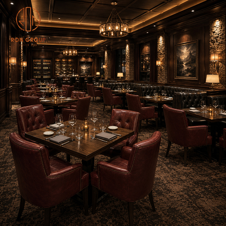 Ron Group One Stop Solution Restaurant Furniture Square Wood Table Ergonomic Chair Curved Leather Tufted Booth Seating