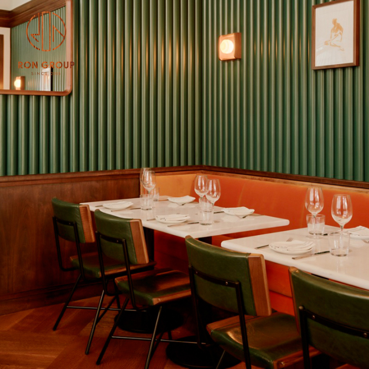 High Quality White Wooden Restaurant Table Green Padded Seating with Metal Legs Commercial Furniture Package