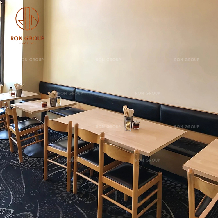Modern Restaurant Chair and Table Furniture Set Wood Dining Tables & Black Leather Chairs Wooden Leg with Matching Booth Seating
