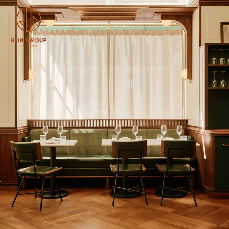 Retro Restaurant Booth Seating with Green Leather Sofa and Marble Tables