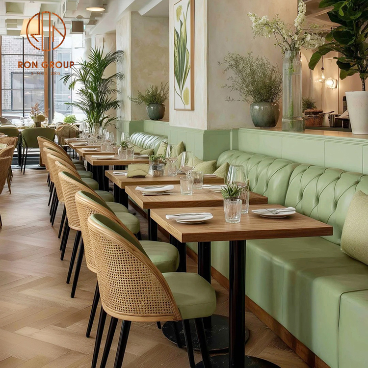 Modern Restaurant Booth Seating with Olive Green Banquette & Rattan Chairs