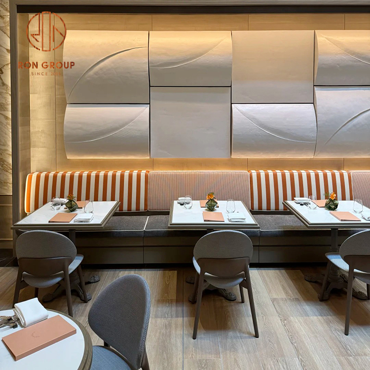 Modern Cafe Furniture Set: Orange & White Striped Booth Sofa with Sleek Gray Upholstered Dining Chairs