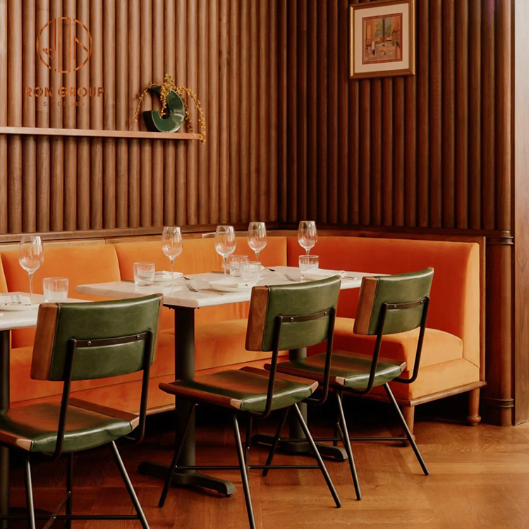 Luxury Retro Cafe Furniture Set: Orange Velvet Booth Sofa, Green Leather Chairs & Marble Dining Tables
