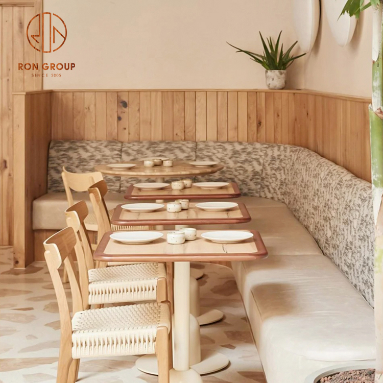 Modern Organic Cafe Furniture Set: Gray Fabric Sectional Booths, Rattan Back Chairs & Natural Wood Square Tables