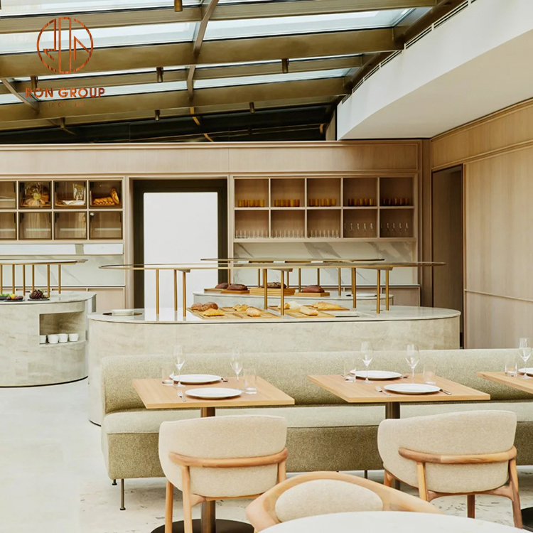 Premium Nordic Cafe Furniture Set: Dark Gray Velvet Curved Sofa Booth with Natural Wood Round Tables & Chairs