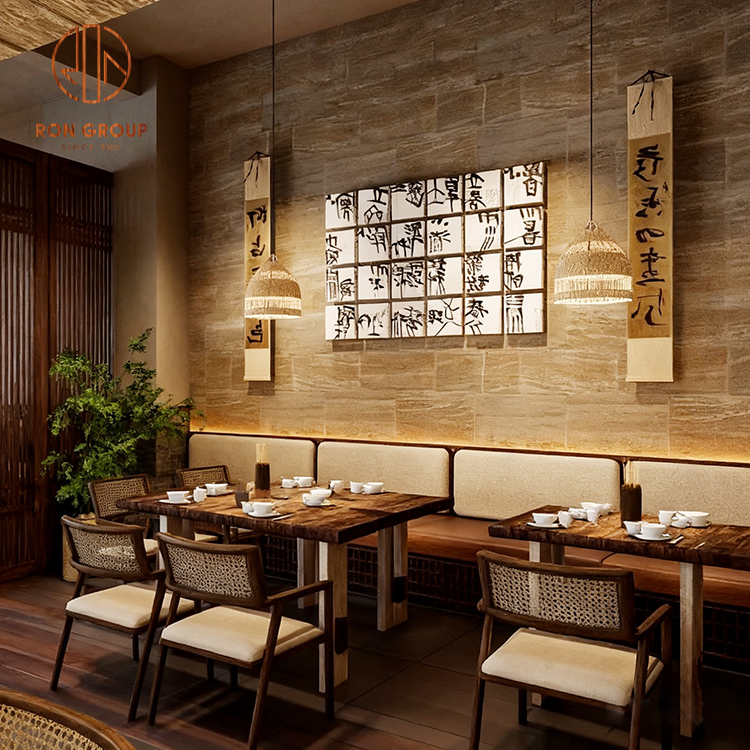 Modern Eco-Friendly Cafe Furniture Set: Solid Wood Rectangular Tables, Rattan Weave Back Chairs & Fabric Bench Seating