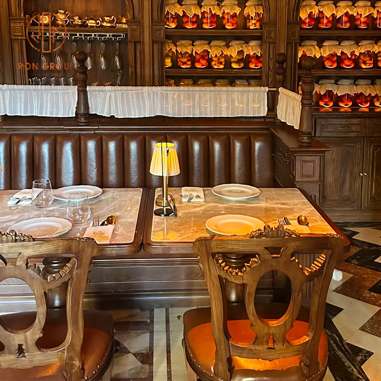 Vintage Restaurant Booth Seating Set with Brown Leather Banquette and Wooden Dining Tables